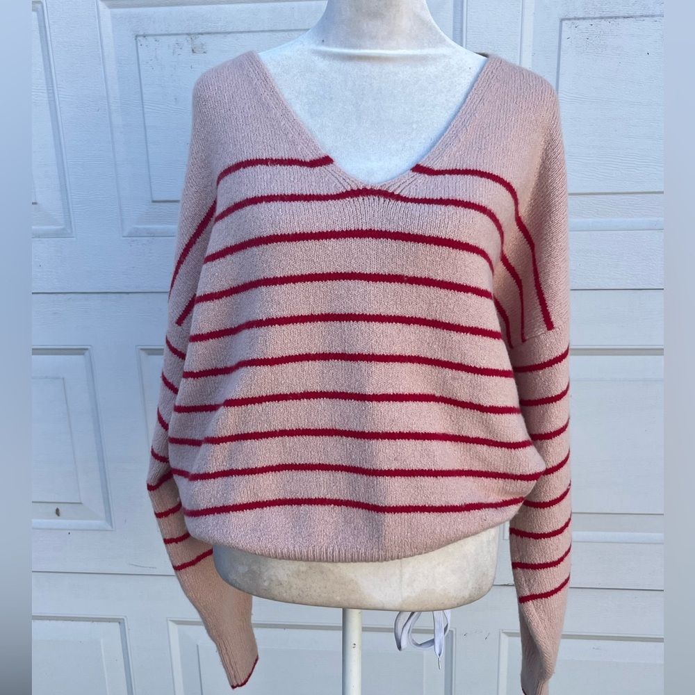 Women's Madewell Wool blend pink striped V Neck Sweater Women’s M